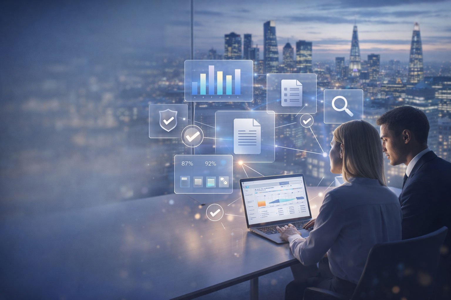 Two business professionals collaborating on a laptop in a London office, with digital icons for data analysis, search, and security floating over a city skyline.