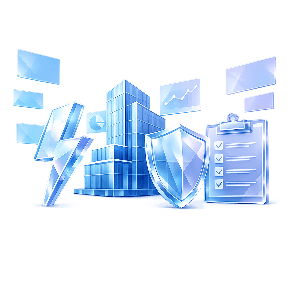 A 3D glass-style illustration representing business operations, featuring a commercial office building, a lightning bolt symbol for energy, a security shield for insurance, and a clipboard checklist for operational management.