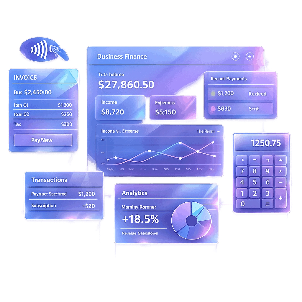 A 3D glass-morphism style illustration of various business finance interfaces, featuring a contactless payment icon, a digital invoice, a financial dashboard with line graphs, an analytics pie chart showing growth, and a digital calculator.
