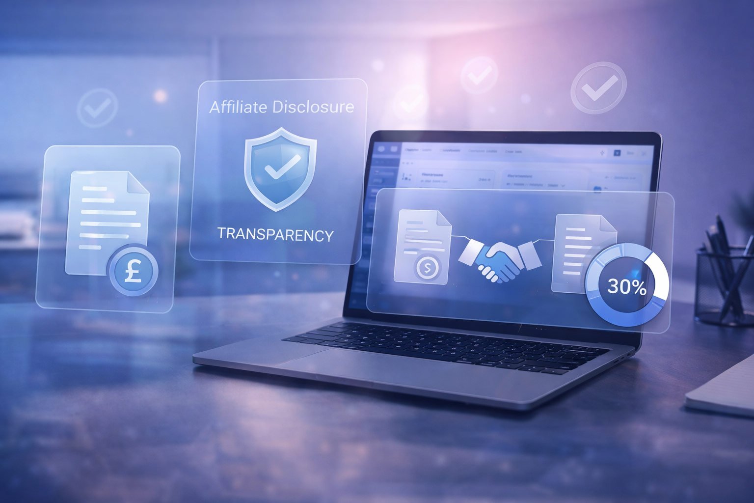 A digital illustration of a laptop with translucent icons representing affiliate disclosure, financial transparency, and editorial independence.