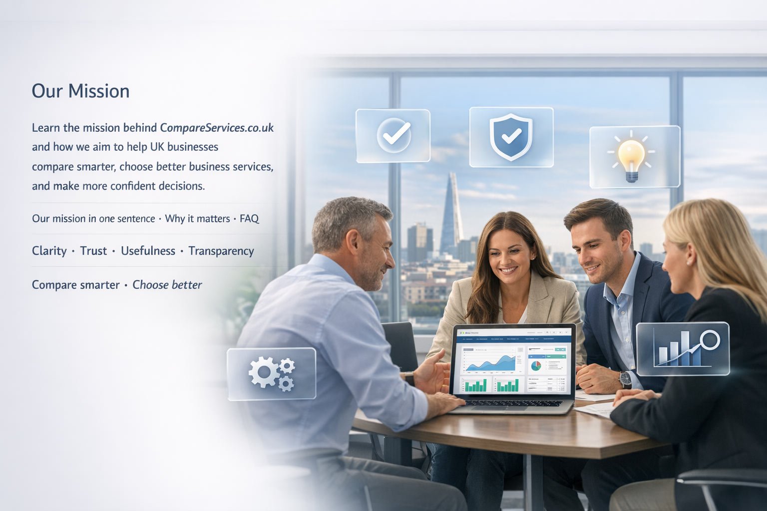 A group of business professionals collaborating around a laptop in a high-rise office, featuring floating digital icons for lightbulbs, gears, and shields against a London skyline background.