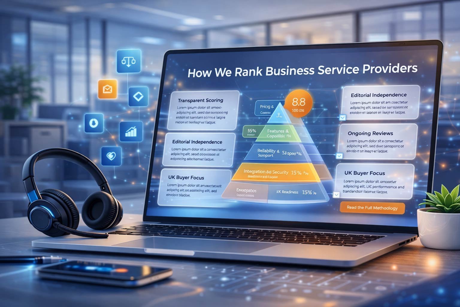 A modern laptop displaying a "How We Rank Business Service Providers" dashboard with glassmorphism UI panels, weighted scoring diagrams, and a professional headset on a desk.