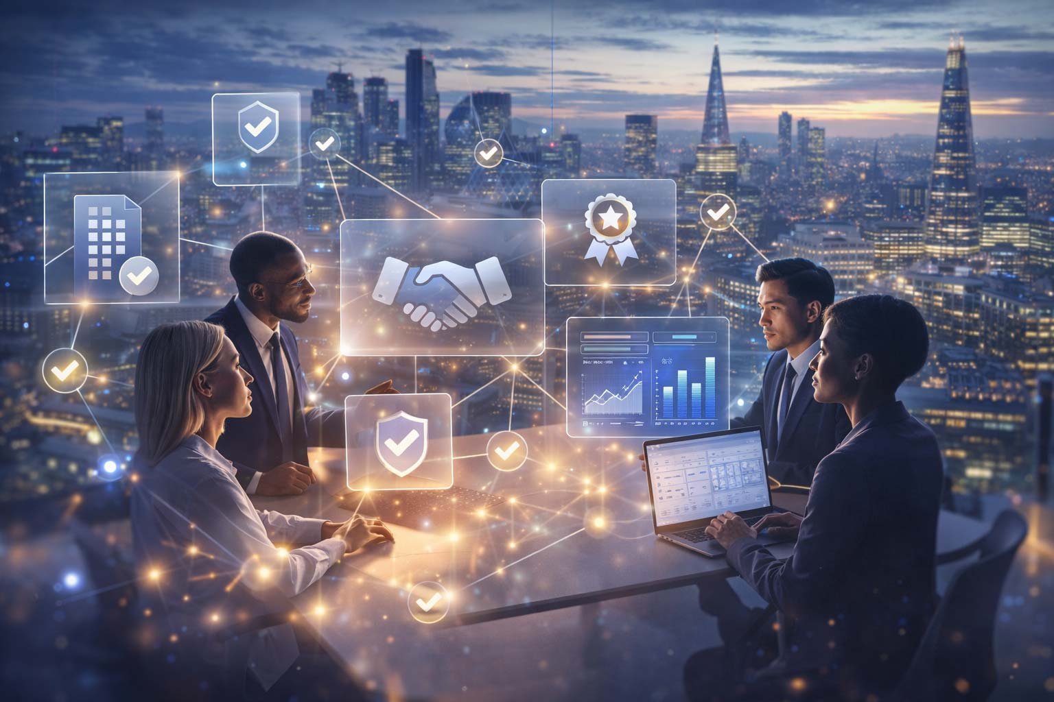 A group of business professionals in a meeting with a high-tech overlay showing icons for partnerships, quality awards, and data analytics against a London city skyline at dusk.