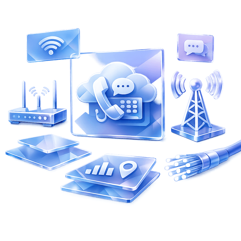A 3D glass-morphism illustration featuring connectivity icons: a Wi-Fi symbol, a wireless router, a telecommunications tower, fiber optic cables, and a central cloud-based VoIP phone system.