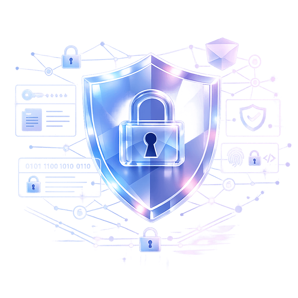 A 3D glass-style illustration of a large security shield with a central padlock, surrounded by floating icons of encrypted data, biometric fingerprints, secure passwords, and a network of connected nodes representing a secure digital environment.
