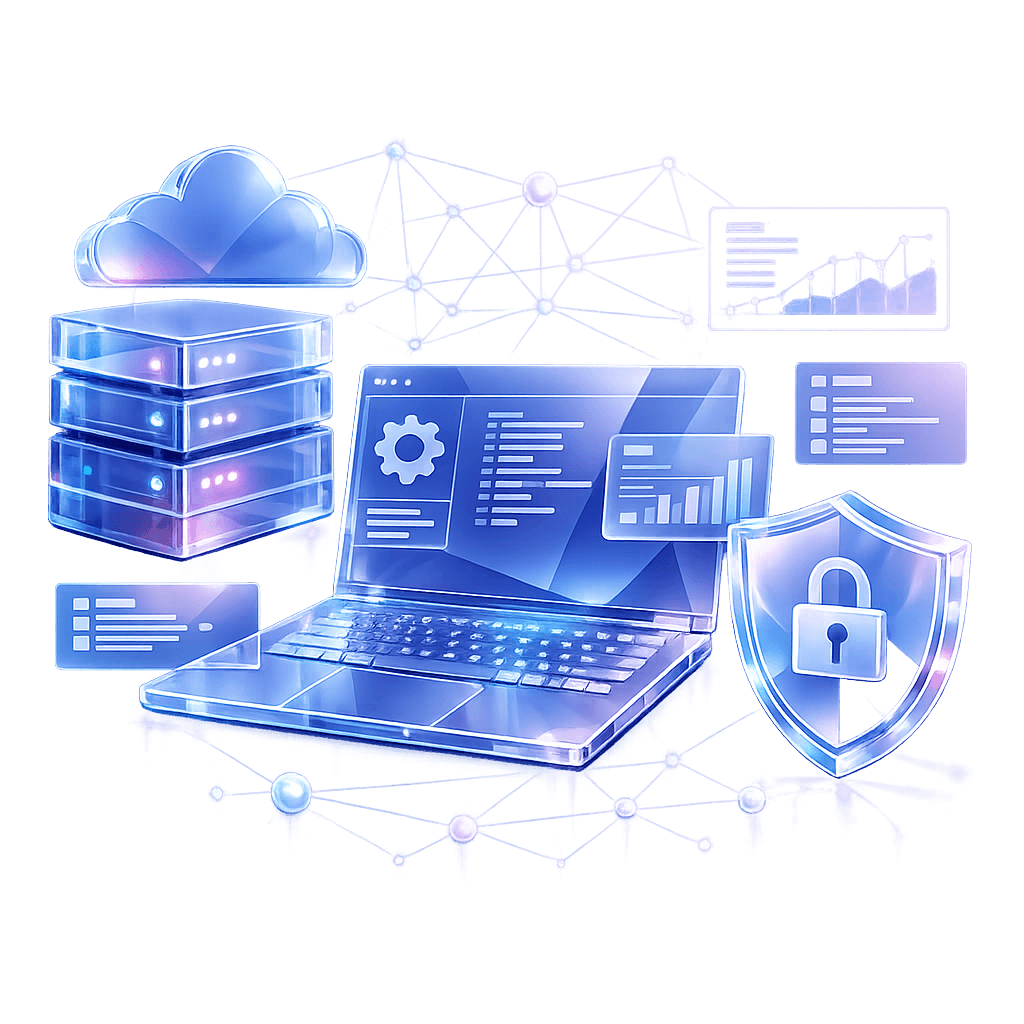 A 3D glass-style illustration representing IT support and technology services, featuring a laptop with settings icons, a stacked data server with a cloud, a security shield with a padlock, and floating data analytics charts.