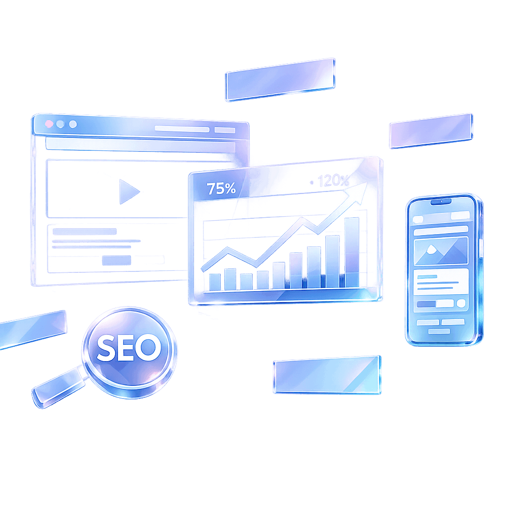 A 3D glass-style illustration representing digital marketing and web services, featuring a desktop browser with a video play button, an upward-trending growth chart, a smartphone showing a mobile-optimized layout, and a magnifying glass with the letters SEO.