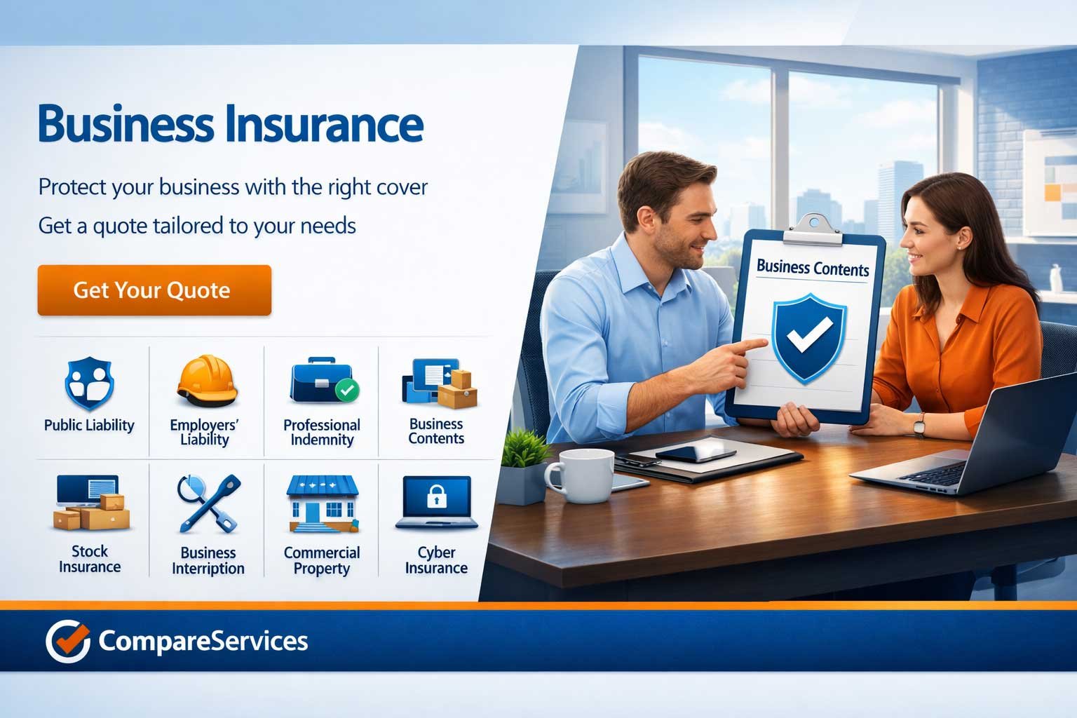 Commercial insurance banner showing Business Contents on a clipboard with a protective shield and checkmark.