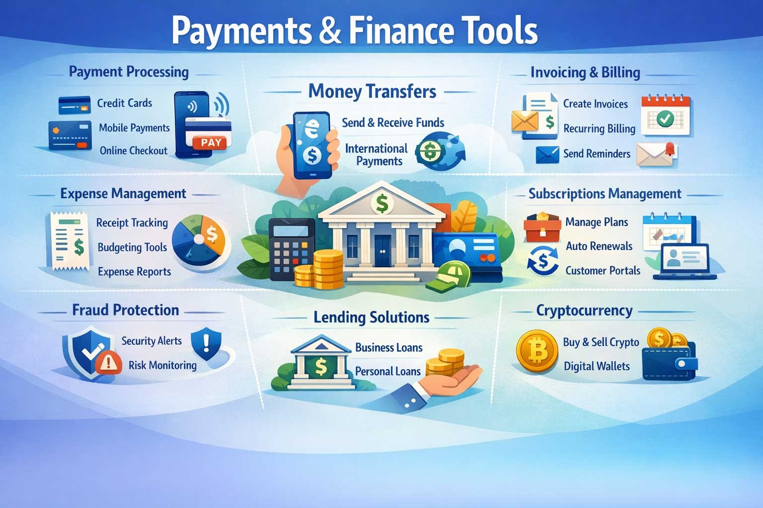 Professional finance tools category image featuring a card machine, calculator, and a clipboard with a currency shield icon and a 9-icon financial service grid.