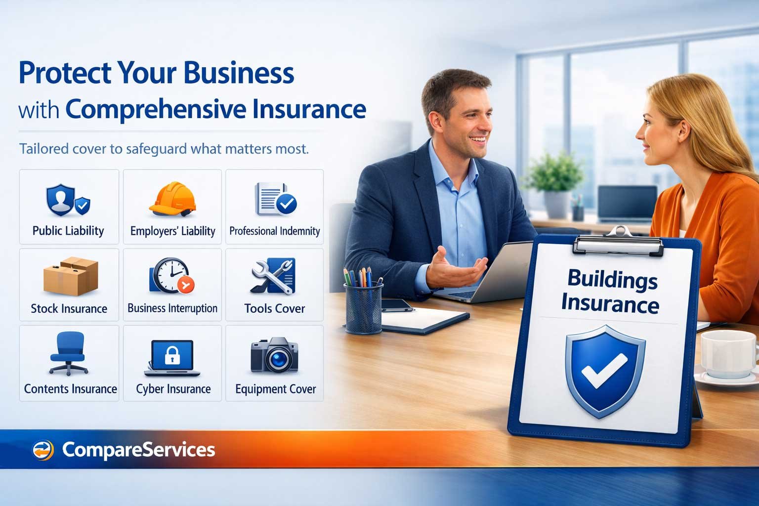 Realistic office interior banner for Commercial Buildings insurance with a 9-icon grid.