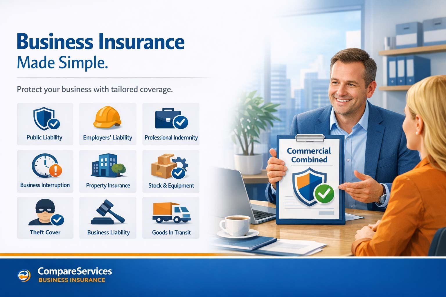 All-in-one business insurance banner showing Commercial Combined on a clipboard with checkmarks.