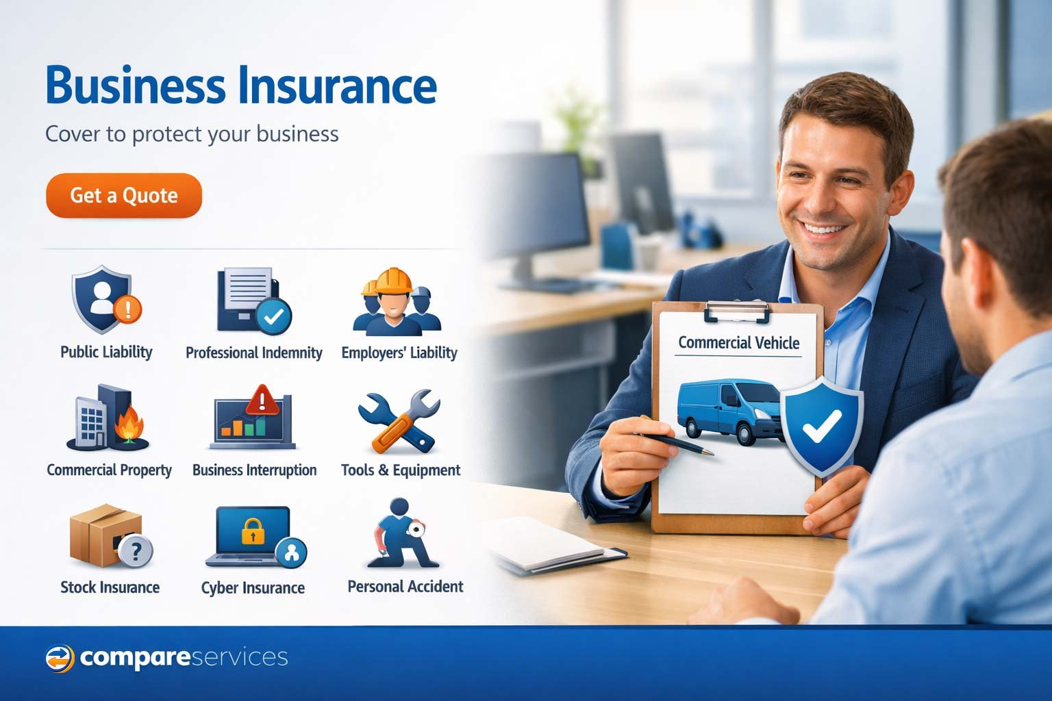 UK Commercial Vehicle insurance banner with a blue, white, and orange palette and insurance icon grid.