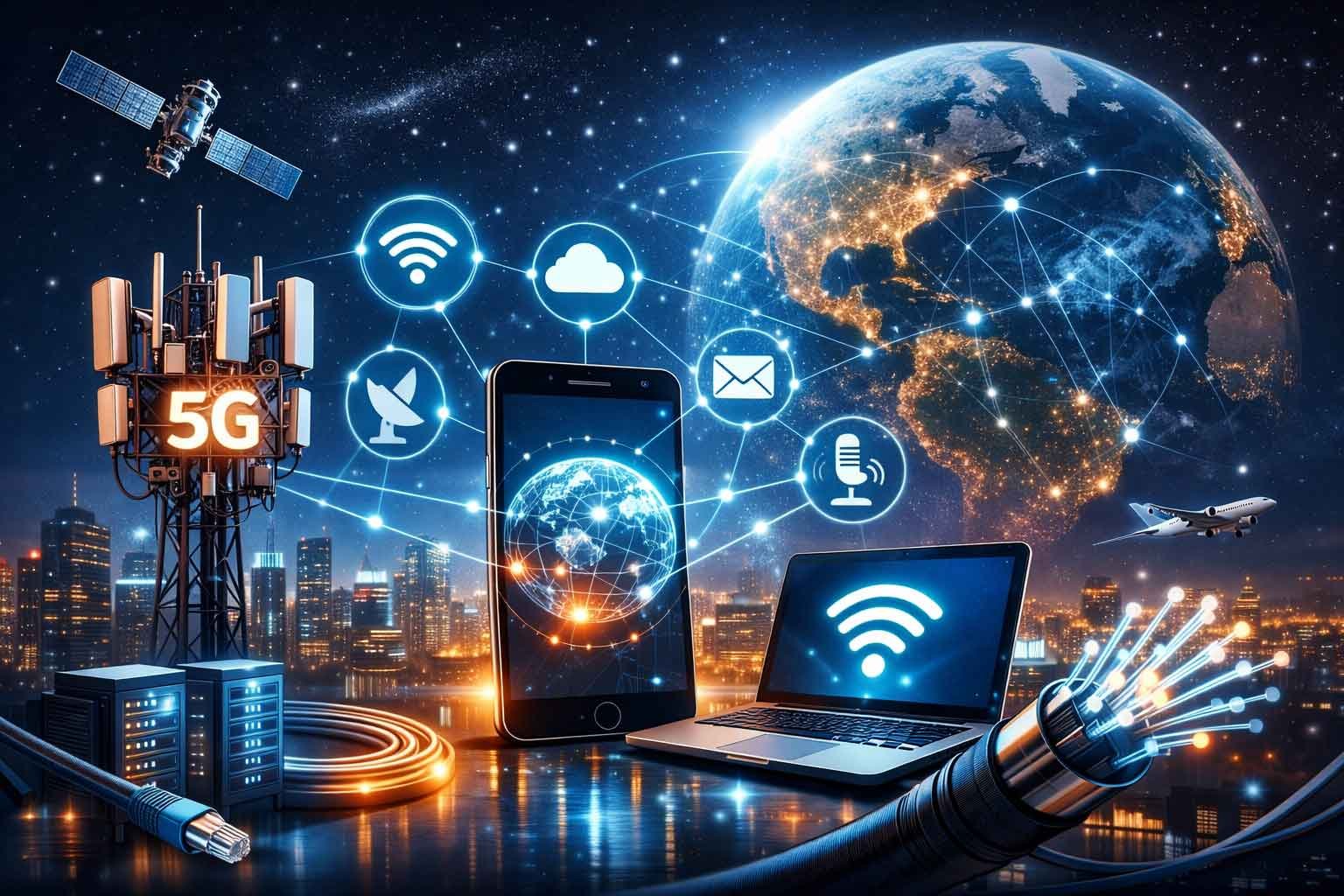 Premium UK business connectivity and telecoms section image featuring a consultation scene, a digital shield on a clipboard, and a 9-icon service grid.