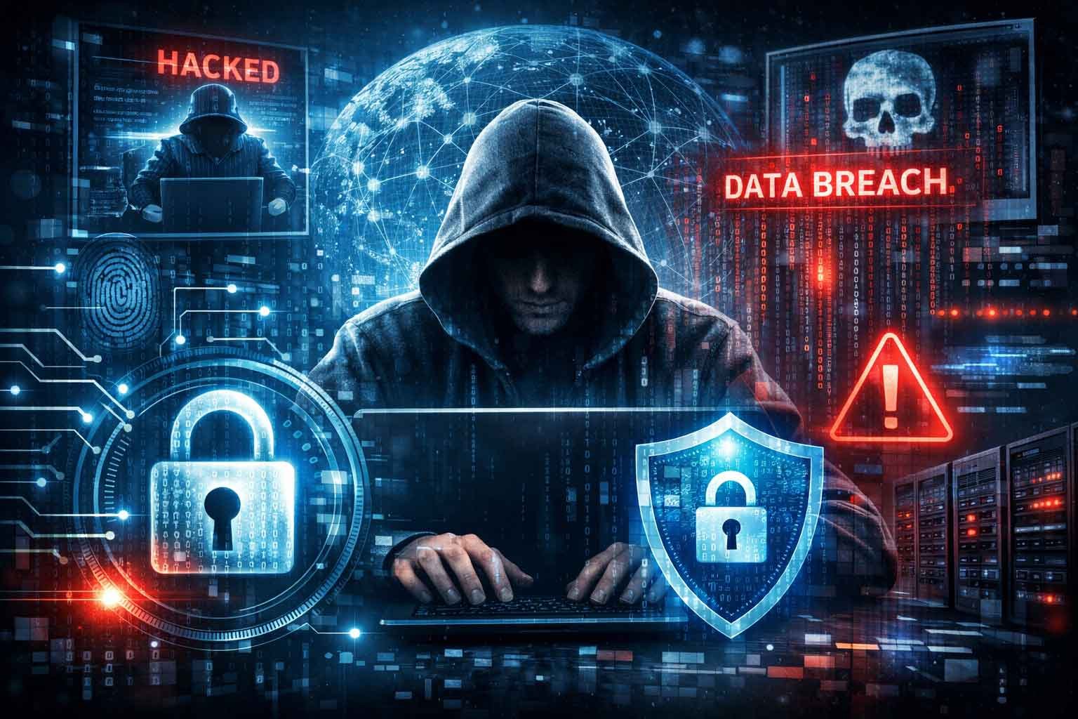 Professional cyber security category image featuring a digital shield icon on a clipboard, a 9-icon security service grid, and a high-tech corporate office background