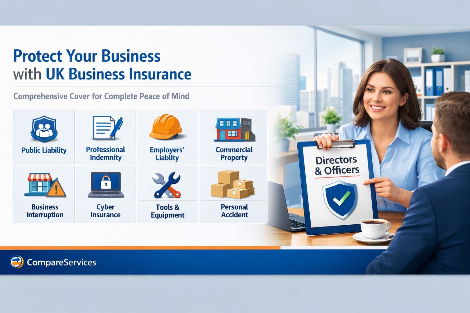 Management liability insurance banner for Directors and Officers featuring premium blue and orange branding.