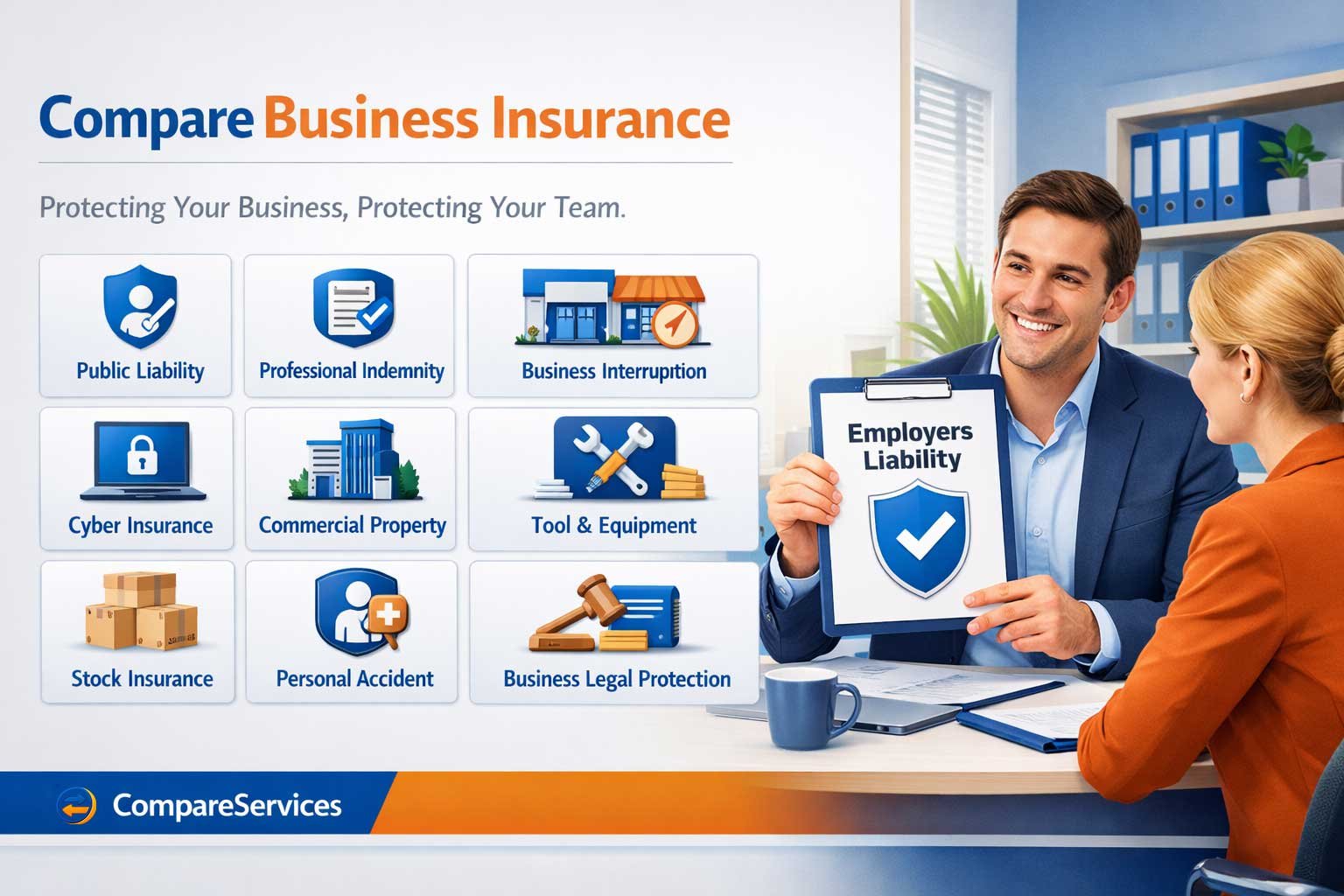 Professional office scene showing Employers Liability insurance details on a clipboard with a blue and orange color palette.