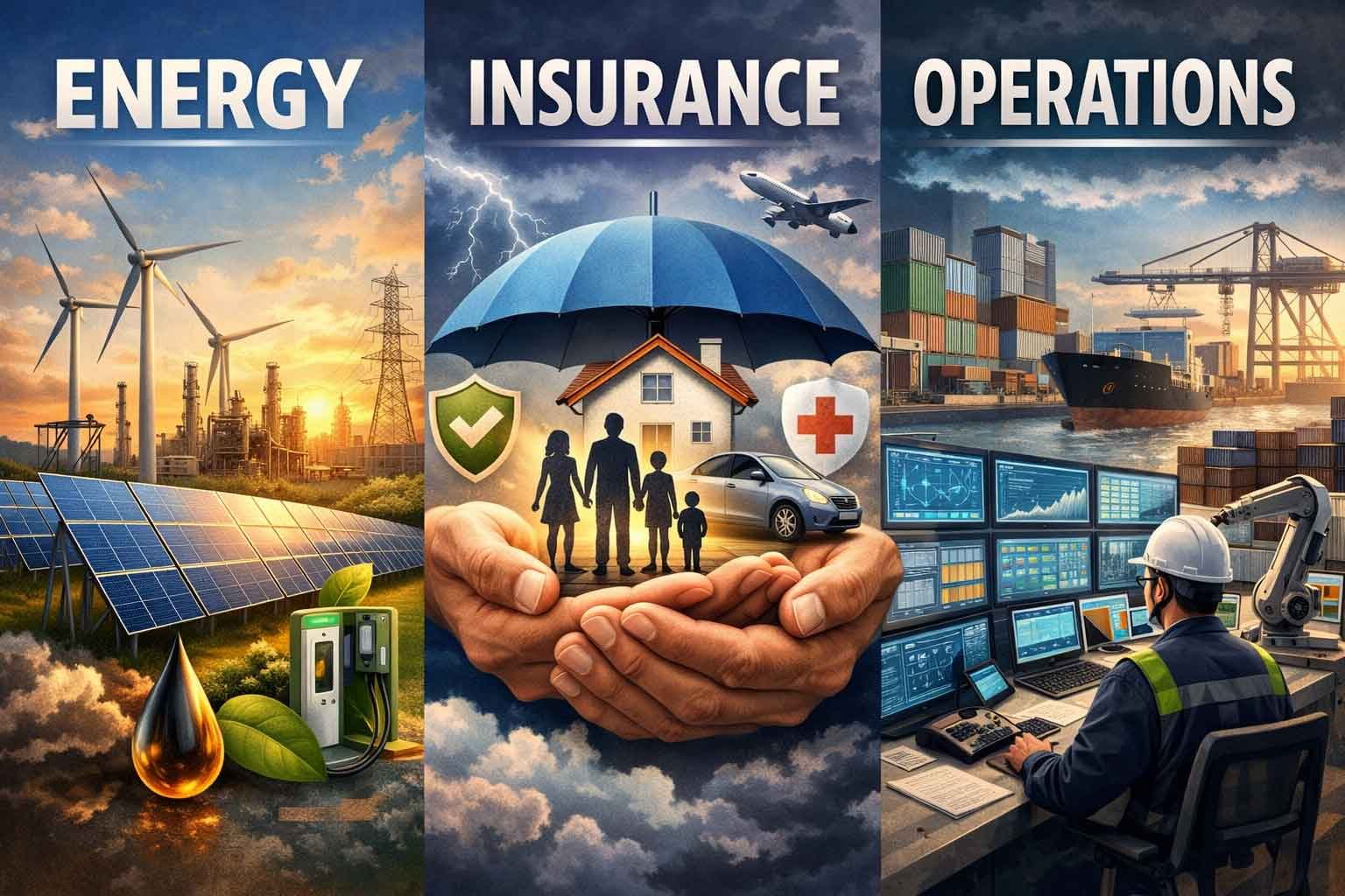 Professional category image for business operations featuring a 9-icon grid for energy and insurance, a clipboard with a utility shield icon, and a realistic corporate office consultation scene.