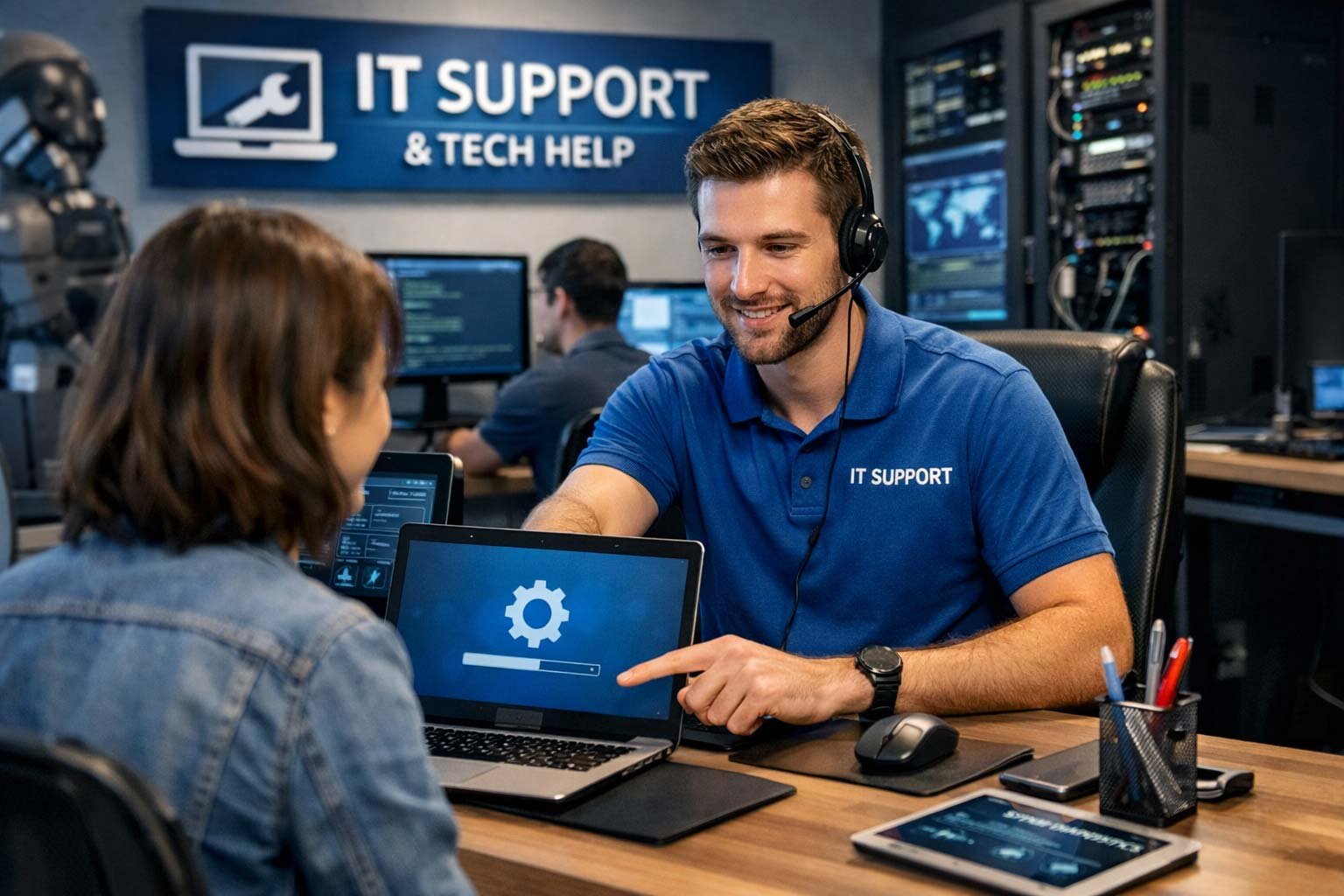 A premium IT support consultation scene featuring a clipboard with a technology shield icon, a 9-icon tech service grid, and a realistic modern office background.