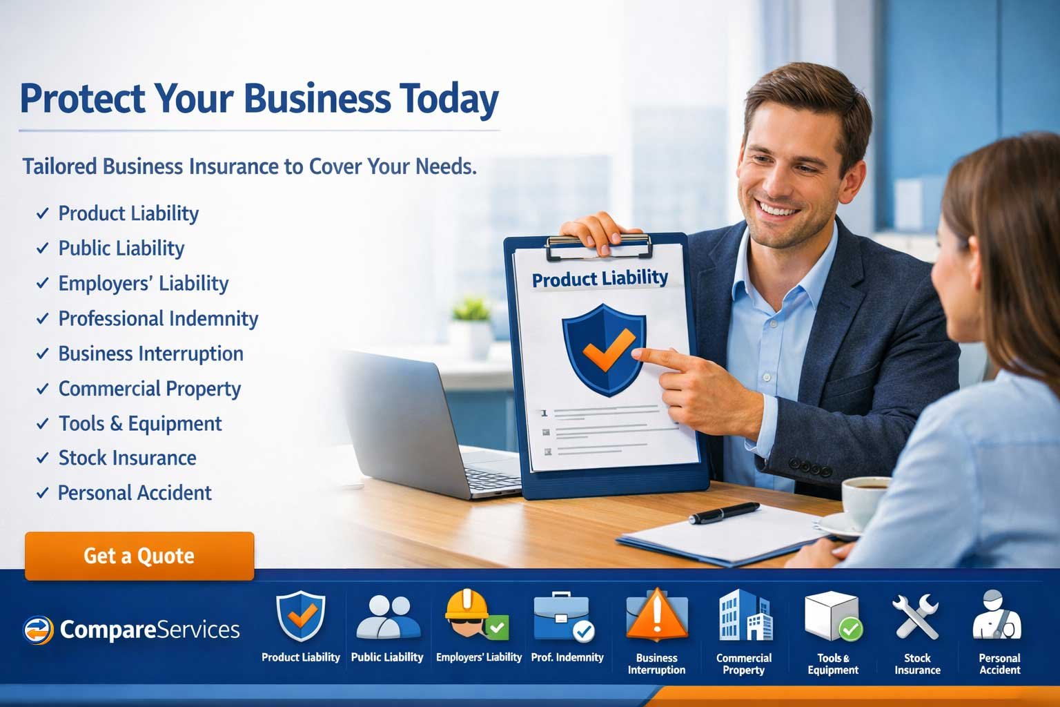 Product Liability insurance banner with a clipboard, shield icon, and insurance service grid.