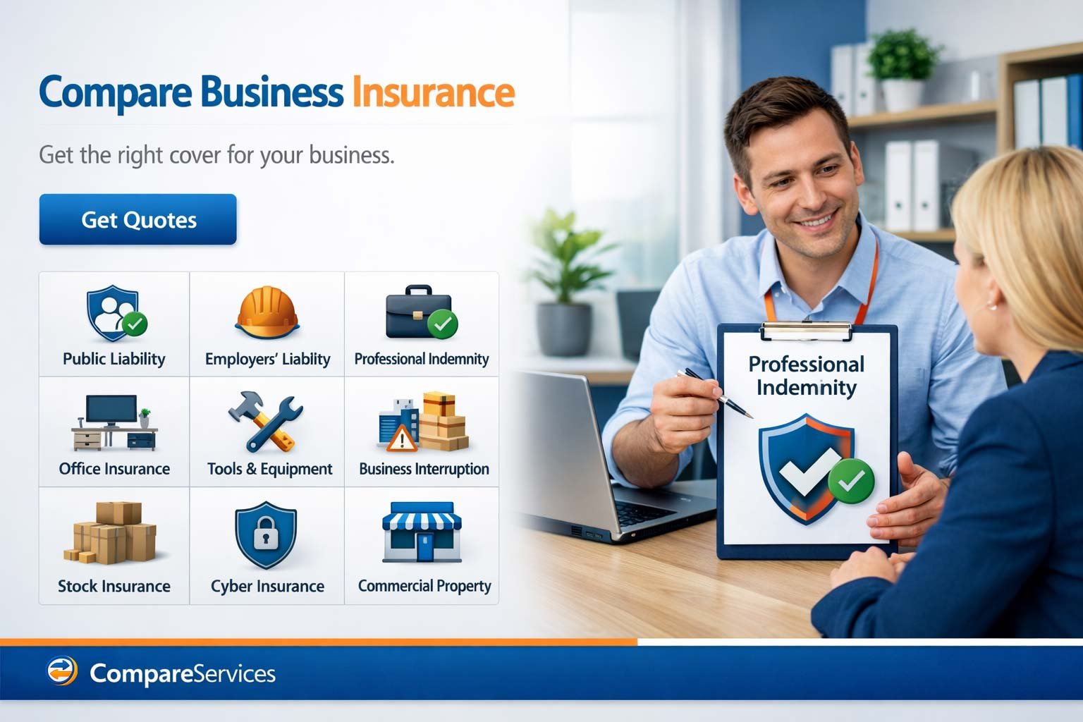 Business insurance banner for Professional Indemnity featuring a 9-icon grid and clean professional text area.