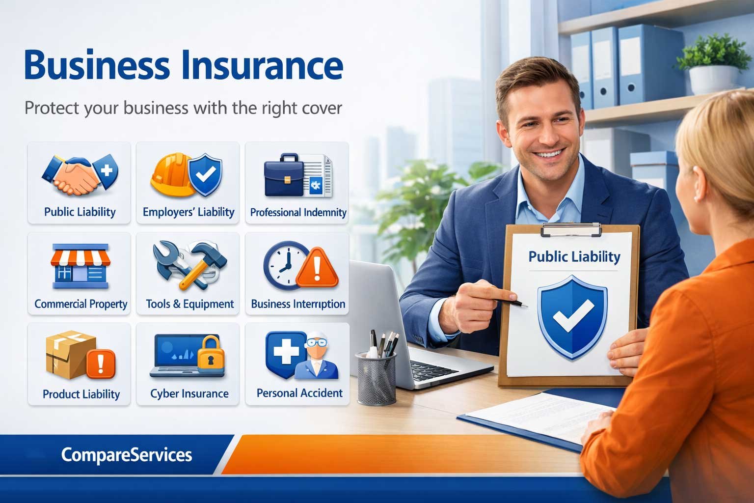 UK Public Liability Insurance consultation scene with a shield icon on a clipboard and 9-icon insurance grid.