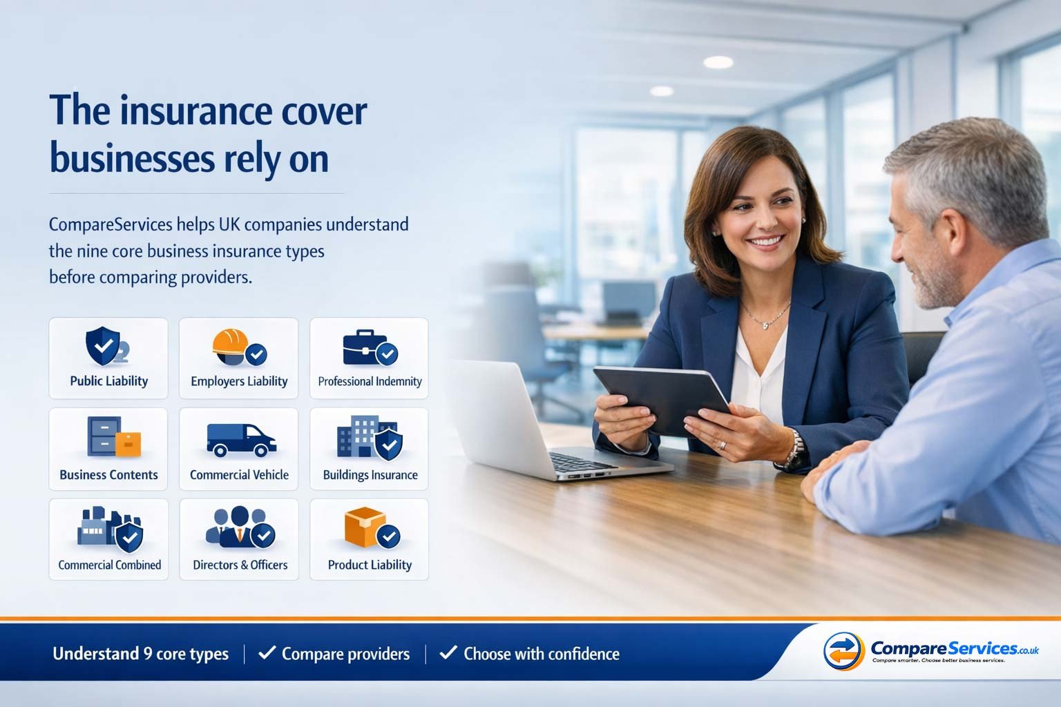 CompareServices hero banner showing two business people with a tablet and a 3x3 grid of 9 business insurance icons including public liability, employers liability, and professional indemnity.