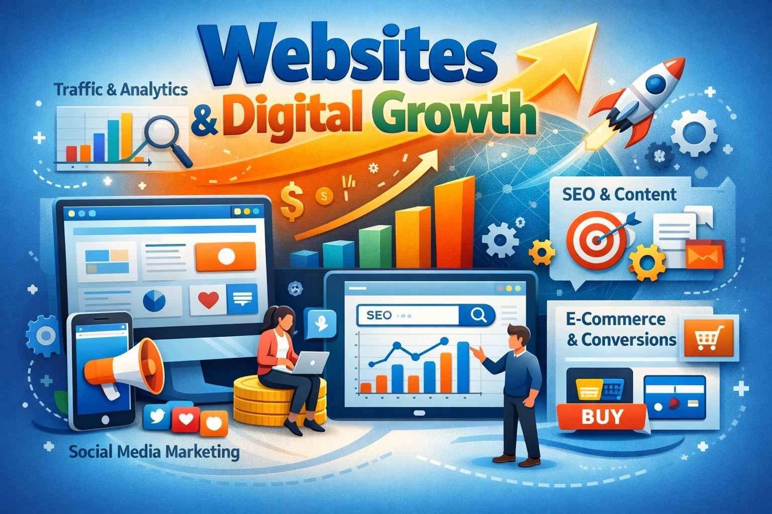 Professional digital growth category image featuring a 9-icon grid for web design and SEO, a clipboard with a growth chart and shield icon, and a modern corporate office background.