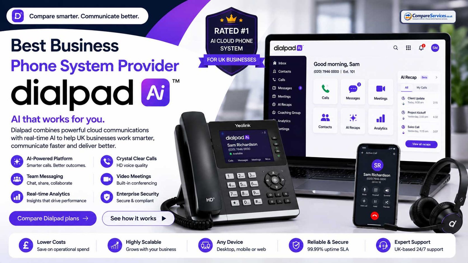 Comprehensive review and features matrix evaluating Dialpad as an AI native business phone system provider for UK companies