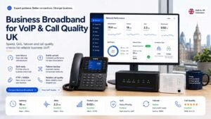 Business broadband for VoIP and call quality UK image showing router, VoIP desk phone, call quality dashboard, upload speed, latency, jitter, packet loss, QoS and failover indicators.