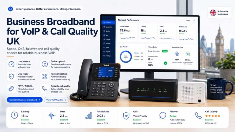 Business broadband for VoIP and call quality UK image showing router, VoIP desk phone, call quality dashboard, upload speed, latency, jitter, packet loss, QoS and failover indicators.