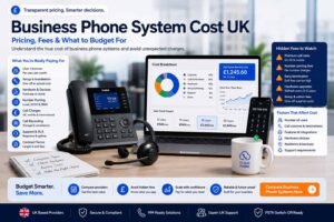 Business phone system cost UK image showing pricing dashboard, user licences, setup fees, handsets, number porting, call recording, support, contract terms and hidden fee checks.