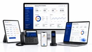 Dashboard of a business phone system by CompareServices displayed on a desktop, laptop, tablet, smartphone, and VoIP hardware desk phones showing call analytics and provider comparisons.