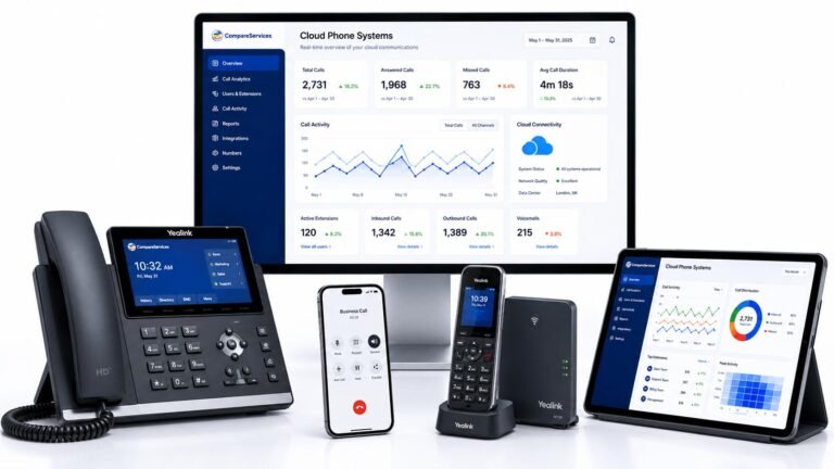Cloud phone systems UK image showing Yealink desk phone, Yealink cordless handset, W73P base, tablet dashboard, mobile softphone, and business call analytics screen