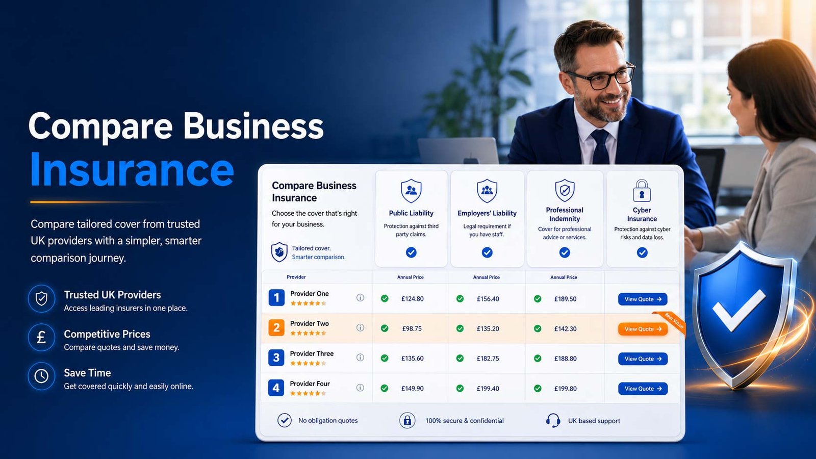 Compare business insurance UK provider comparison hero image showing policy options, trusted providers, secure quotes, and professional business cover guidance.