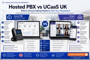 Hosted PBX vs UCaaS UK comparison image showing cloud calling dashboard, hosted PBX features, UCaaS collaboration tools, video, messaging, analytics, desk phone and mobile app.