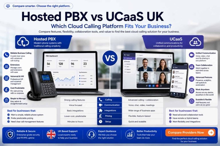 Hosted PBX vs UCaaS UK comparison image showing cloud calling dashboard, hosted PBX features, UCaaS collaboration tools, video, messaging, analytics, desk phone and mobile app.