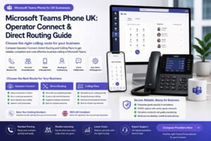 Microsoft Teams Phone UK image showing Teams-style calling dashboard, Operator Connect, Direct Routing, Calling Plans, number porting, mobile app, desk phone and collaboration features.