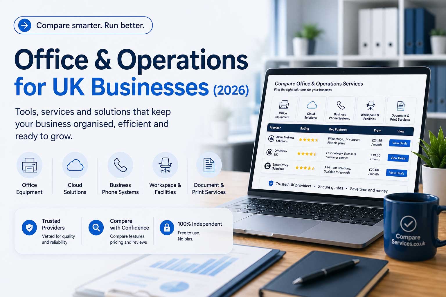 Office and operations services UK business comparison hero image showing office equipment, cloud solutions, business phone systems, workspace facilities, and document services.