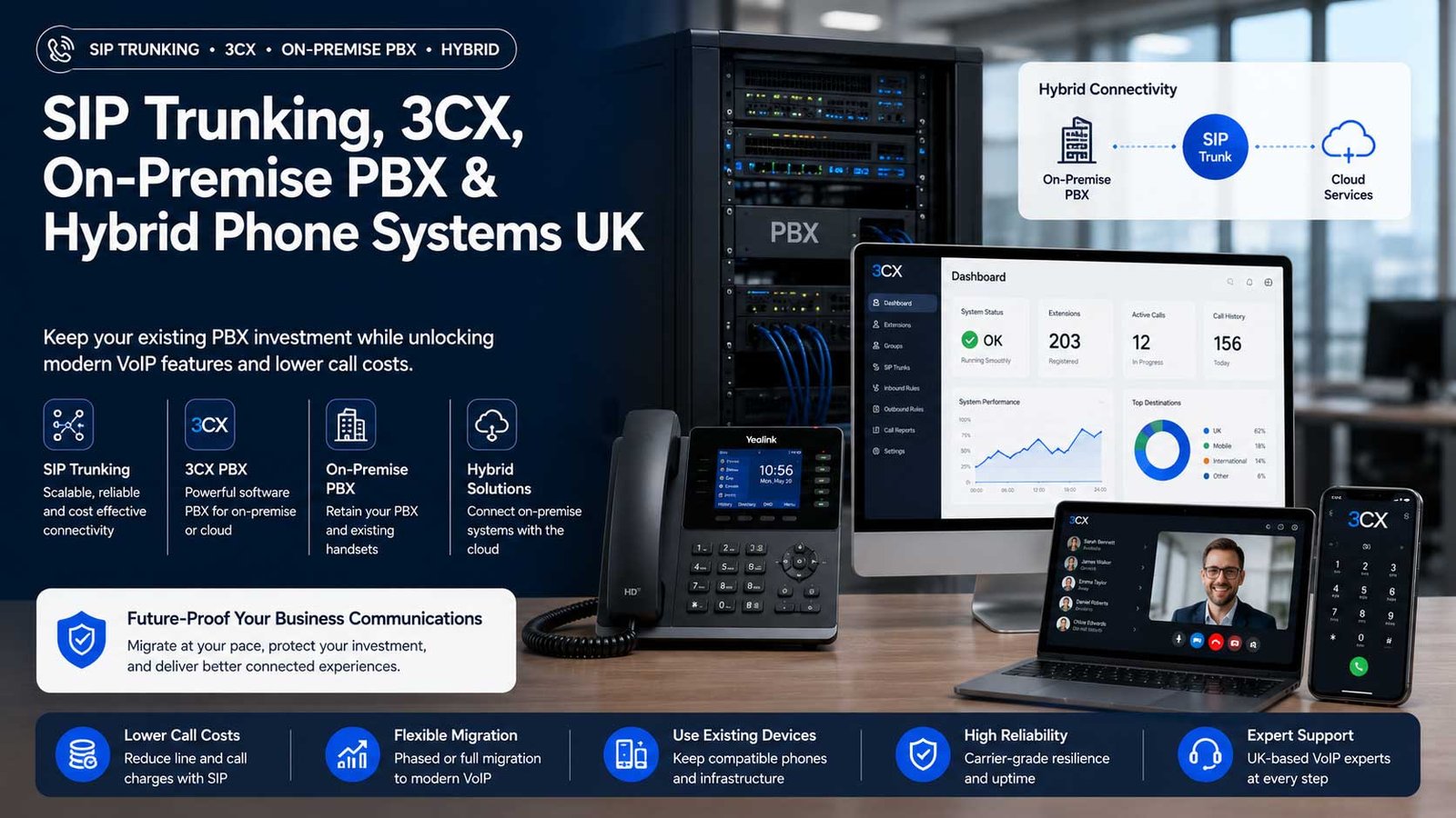 SIP trunking 3CX on-premise PBX and hybrid phone systems for UK businesses
