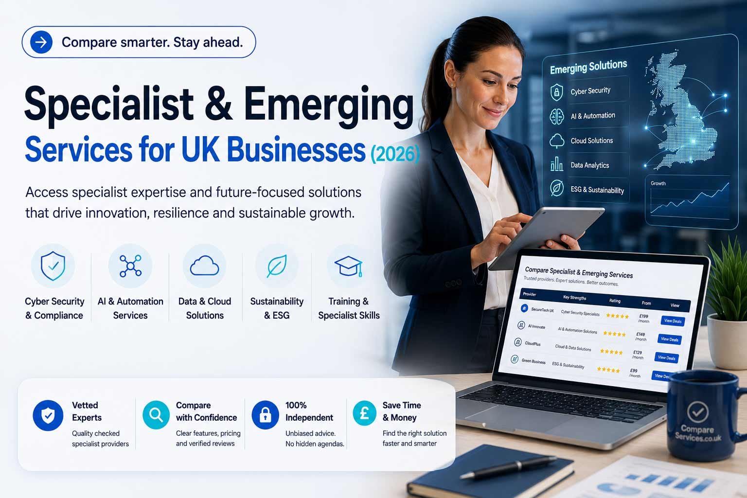 Specialist and emerging services UK business comparison hero image showing AI, automation, cyber security, cloud, data analytics, ESG, sustainability, and specialist provider options.