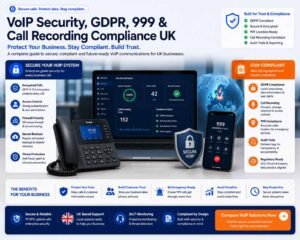 VoIP security, GDPR, 999 and call recording compliance UK image showing secure VoIP dashboard, IP phone, emergency calling, encryption, audit trails and compliance checks.