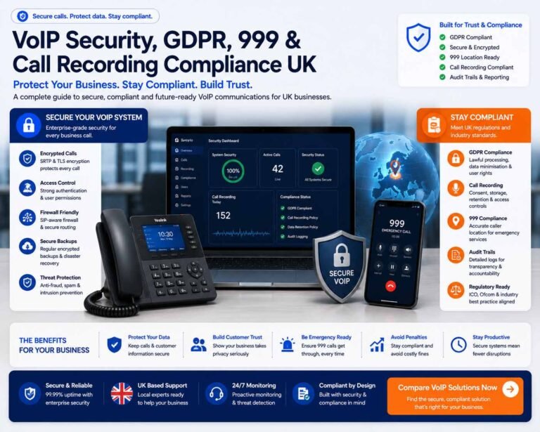 VoIP security, GDPR, 999 and call recording compliance UK image showing secure VoIP dashboard, IP phone, emergency calling, encryption, audit trails and compliance checks.