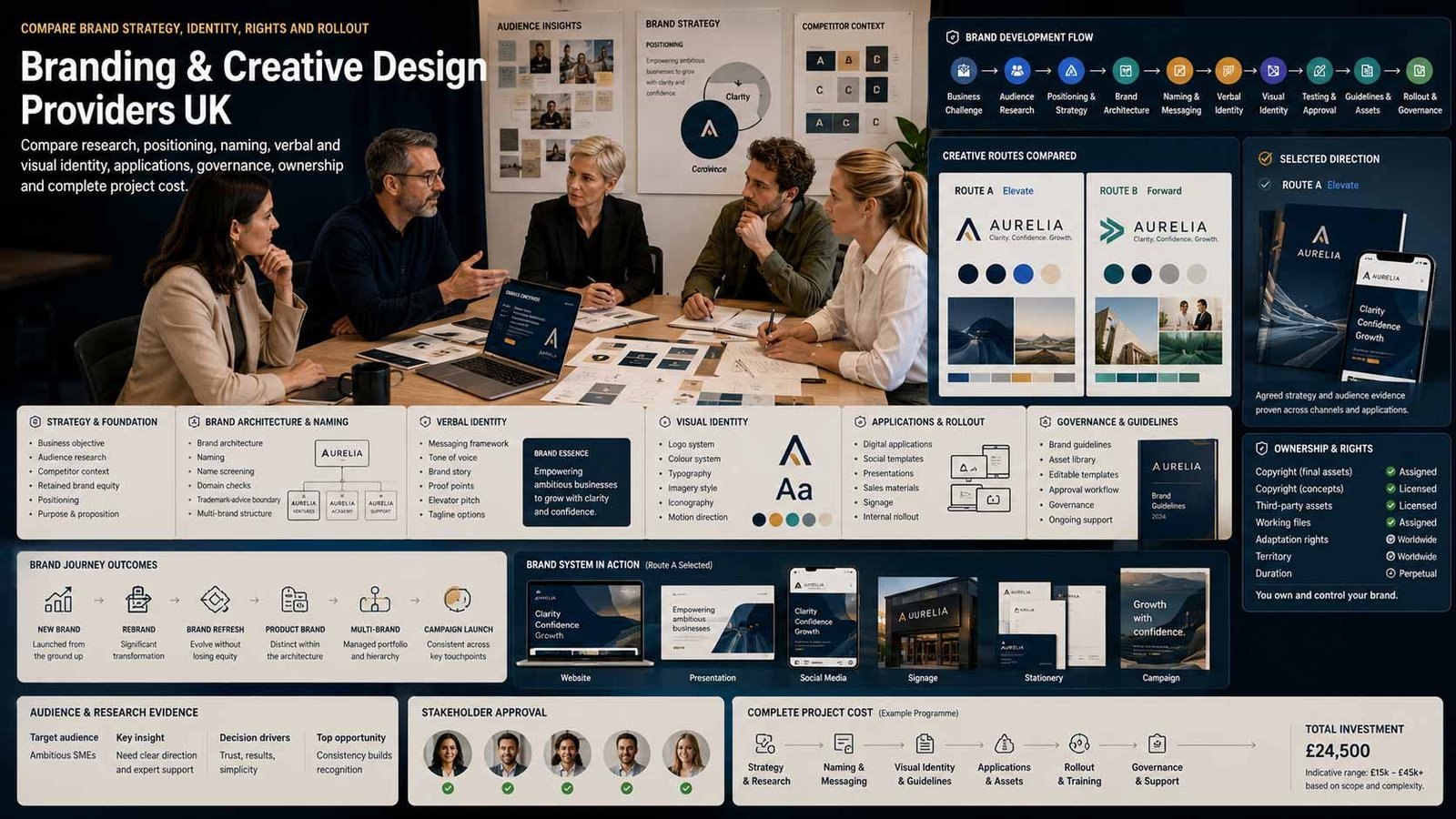 Brand strategists and creative designers developing a business identity system for a UK company
