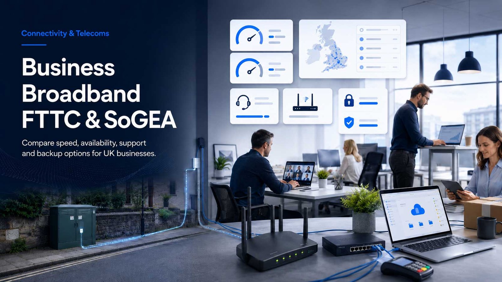 A modern UK business office workspace with team members using laptops, illustrating business broadband comparison for FTTC, SoGEA, and standard fibre connectivity.