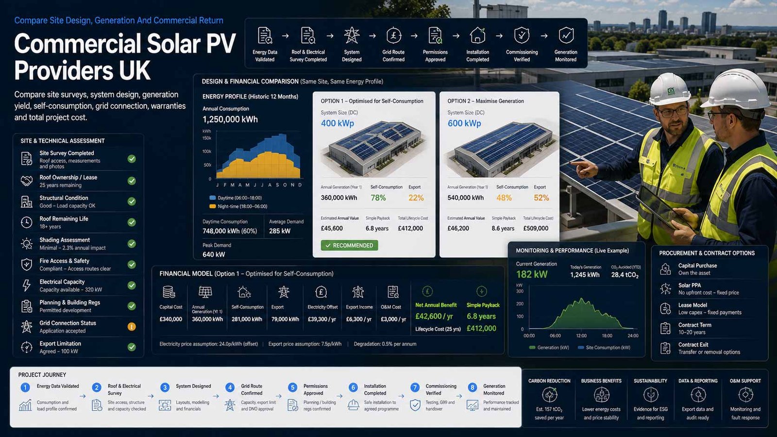 Commercial rooftop solar panel installation and energy generation planning for a UK business