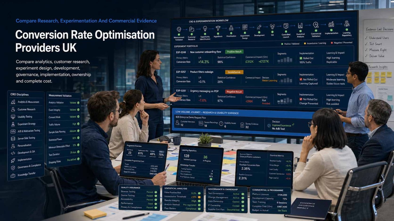 Compare Conversion Rate Optimisation Providers UK UK business team reviewing conversion rate optimisation research, analytics and controlled experiments