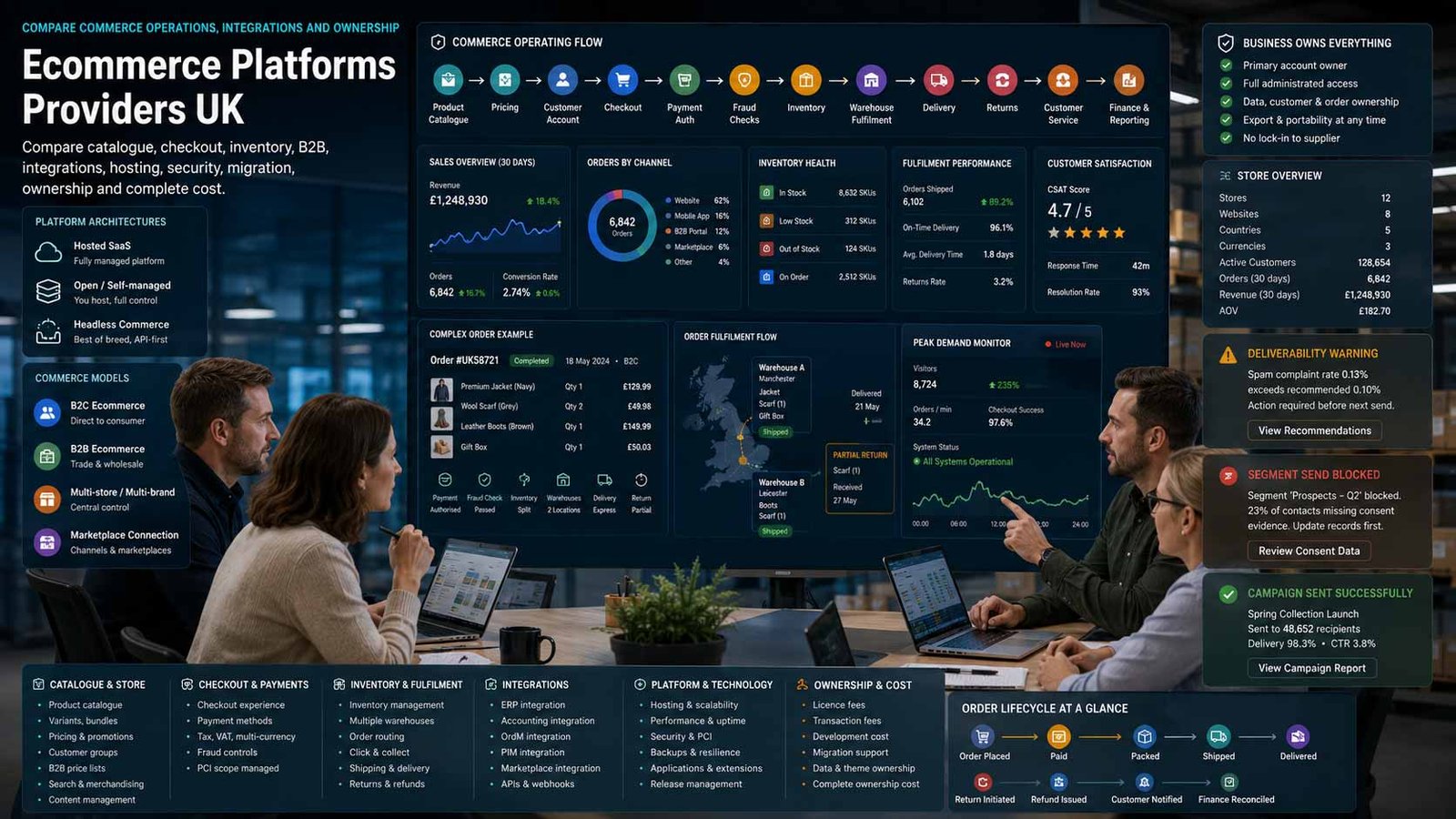 UK business team comparing ecommerce storefront, catalogue, inventory, orders and analytics