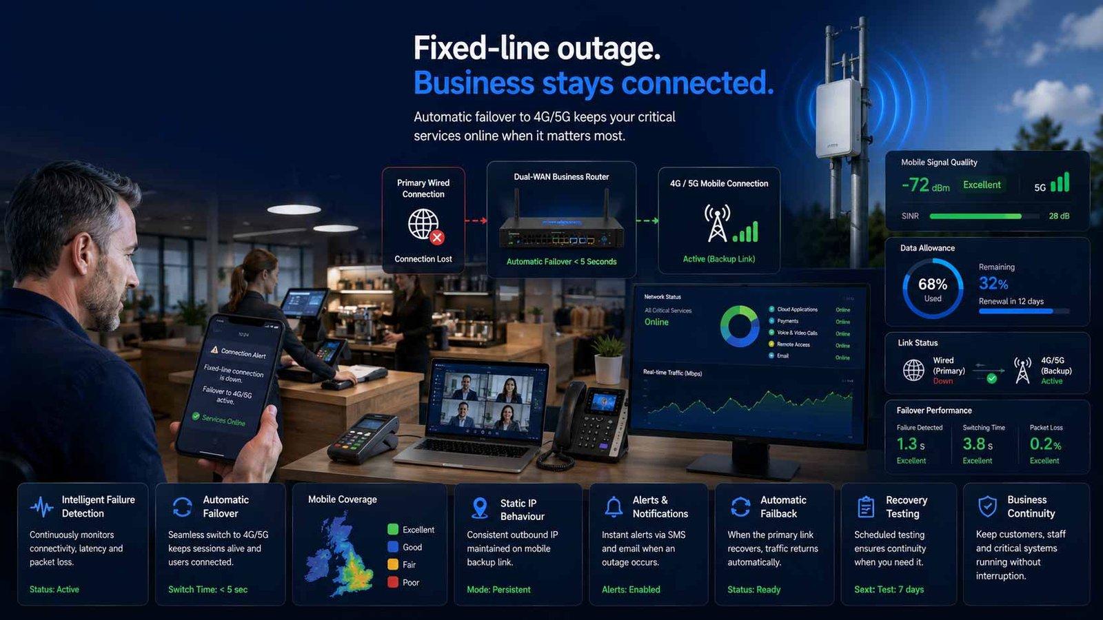 Compare internet backup and 4G/5G failover solutions for UK businesses