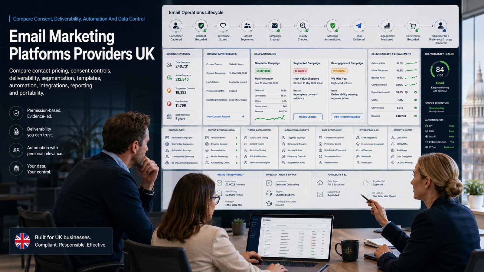 Email marketing specialists planning compliant campaigns, audience segments, automated journeys and performance reporting for a UK business
