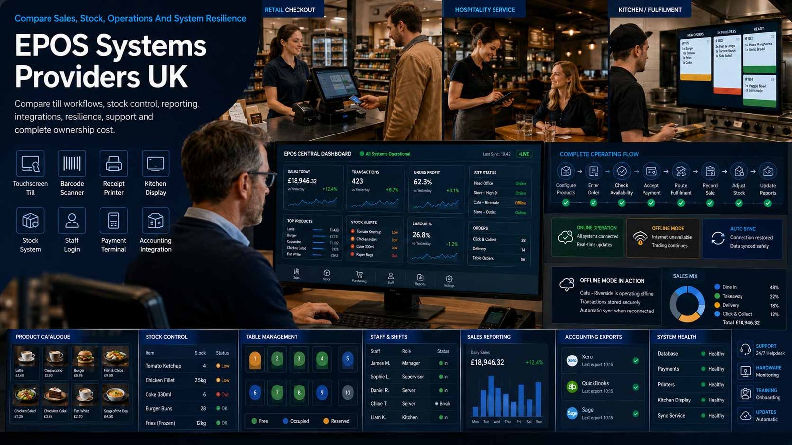 Compare EPOS Systems Providers UK UK retail and hospitality teams using an electronic point of sale system for sales, stock and reporting